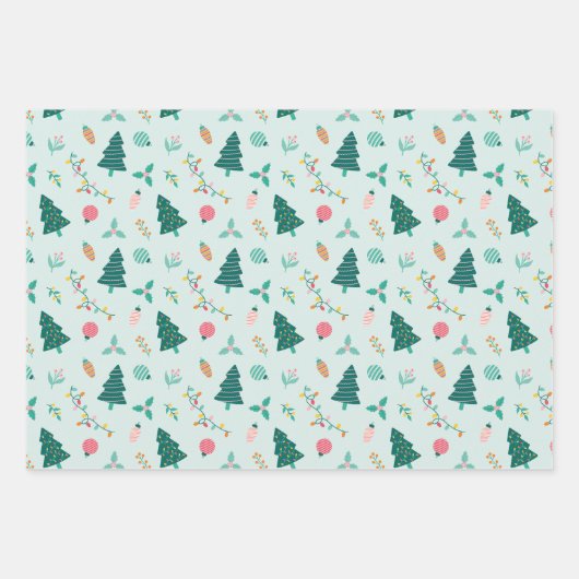 Moderne groene bladeren en kerstverlichting inpakpapier vel (Voorkant 2)