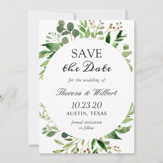 Moderne groene bladeren met een geweldige eenvoudi save the date (Voorkant)