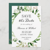 Moderne groene bladeren met een geweldige eenvoudi save the date (Voorkant / Achterkant)