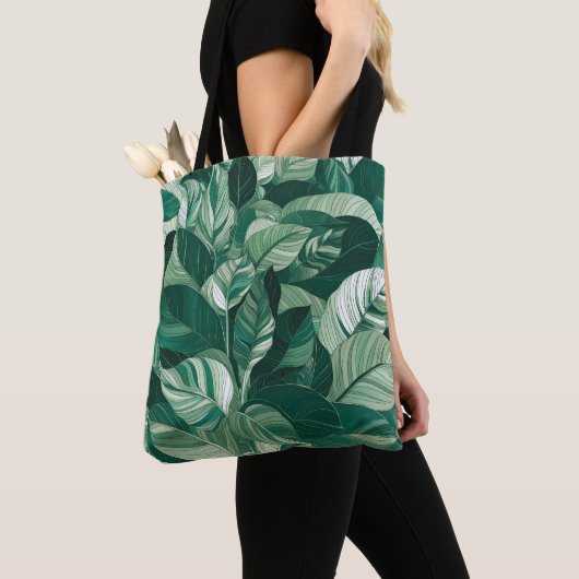 Moderne groene bladeren patroon tote bag (Dichtbij)