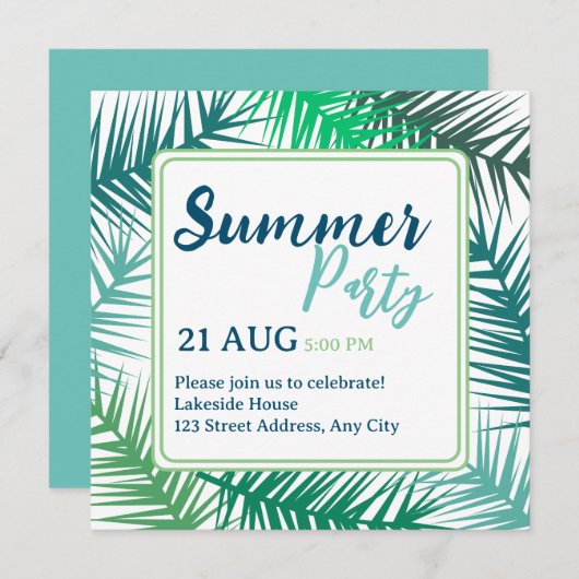 Moderne groene bladeren Zomerfeest uitnodiging (Voorkant / Achterkant)