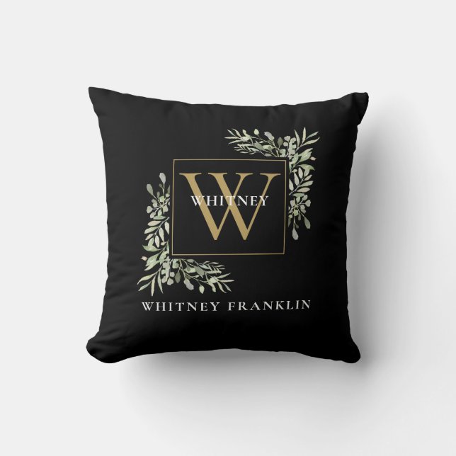 Moderne groene bladplant zwart gouden monogram kussen (Voorkant)