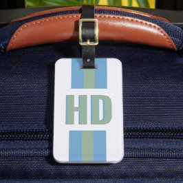 Moderne groene blauwe gestreepte schaduw monogram  bagagelabel