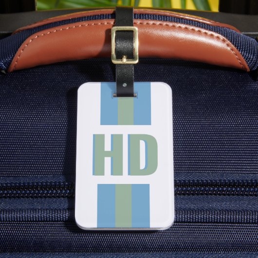Moderne groene blauwe gestreepte schaduw monogram bagagelabel (Voorkant Insitu 2)