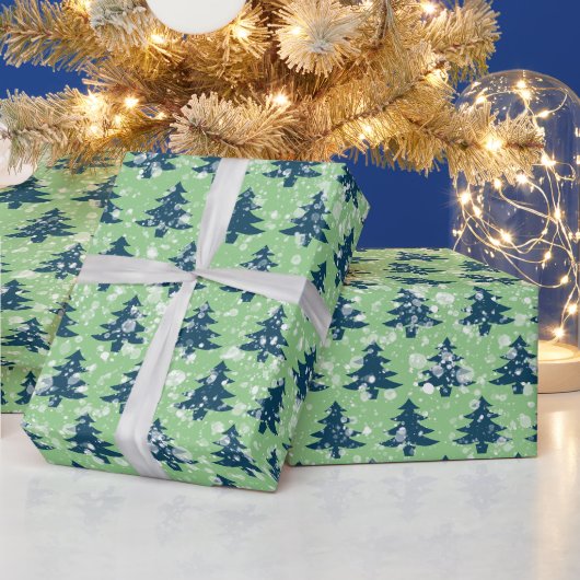 Moderne groene blauwe kerstbomen cadeaupapier (Feestdagen)