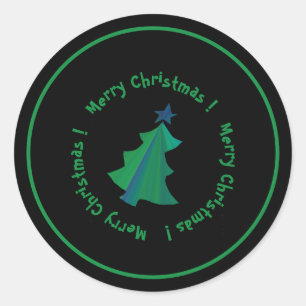 Moderne groene blauwe kerstboom op zwart ronde sticker