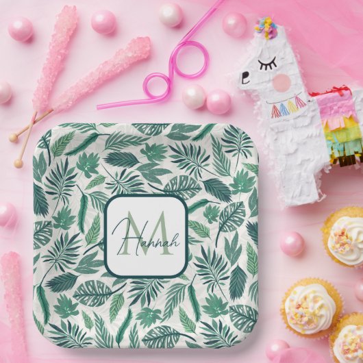 Moderne, groene, Blauwgroen, tropische modellen Papieren Bordje (Feest)