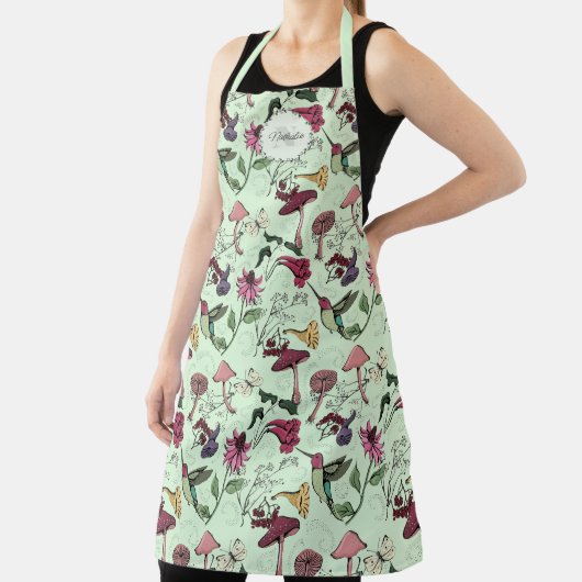 Moderne groene bloemen, bladeren & kolibrie naam schort (Insitu)