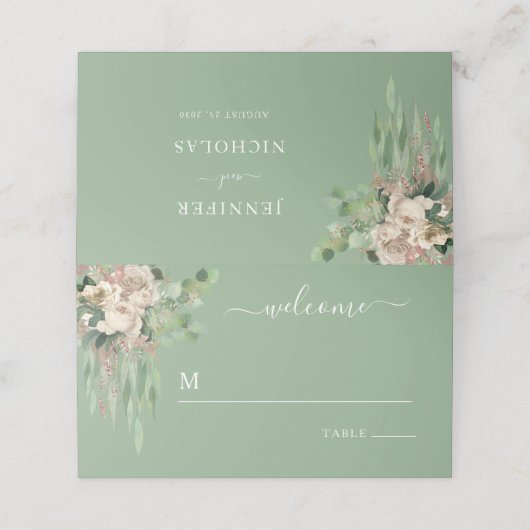 Moderne groene bloemen bruiloft plaatskaartje (Buitenkant ongevouwen)