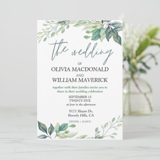 Moderne groene bloemen Eenvoudige bruiloft uitnodi Kaart (Staand voorkant)