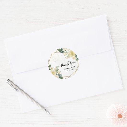 Moderne Groene Bloemen Goud Trouwgunst Dank u Ronde Sticker (Envelop)