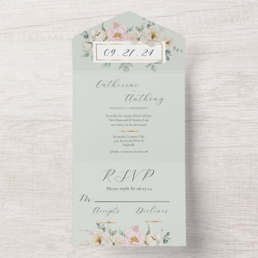 Moderne Groene Bloemen Gouden Huwelijk All In One Uitnodiging (Binnen)