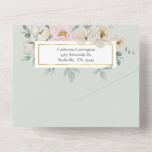 Moderne Groene Bloemen Gouden Huwelijk All In One Uitnodiging (Achterkant)