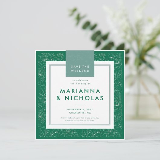Moderne Groene Bloemen Patroon Huwelijk Save the D Save The Date (Staand voorkant)