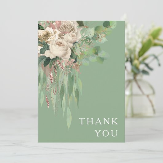 Moderne Groene Bloemen Pioenen Bruiloft Bedankkaart (Staand voorkant)