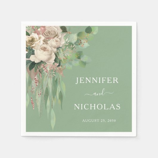 Moderne Groene Bloemen Pioenen Bruiloft Servet (Voorkant)