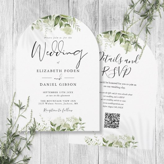Moderne Groene Bloemen QR Code Trouwboog Kaart