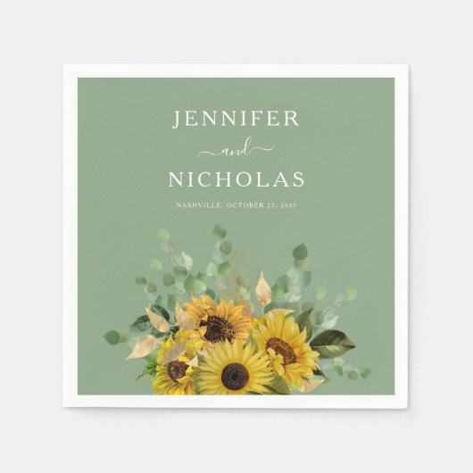 Moderne Groene Bloemen Zonnebloem Bruiloft Servet (Voorkant)