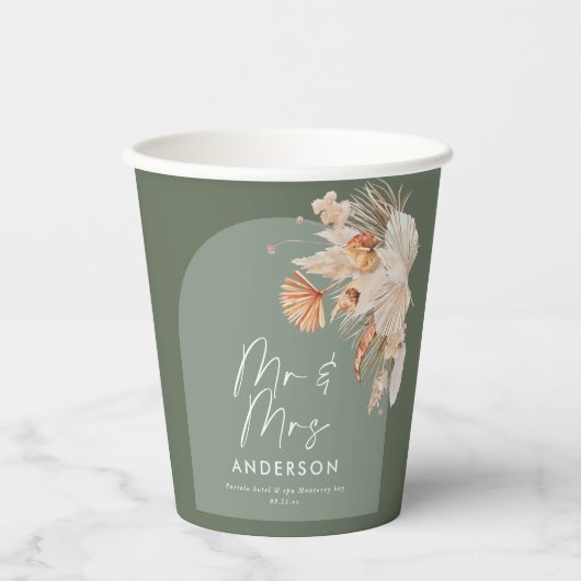 moderne groene bohemen - bruiloft met pampagras papieren bekers (Voorkant)