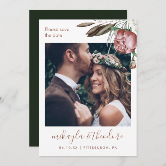 Moderne Groene Boho Bloemen Foto Bruiloft Save The Date (Voorkant / Achterkant)