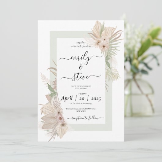 Moderne groene boho bruiloft uitnodiging (Staand voorkant)