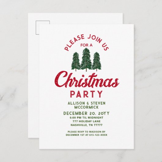 Moderne Groene Bomen Rode Kerstmis Partij Uitnodiging Briefkaart (Voorkant / Achterkant)