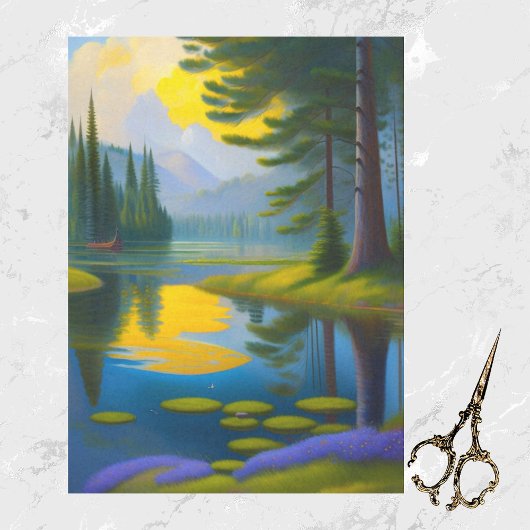 Moderne Groene Bomen Water Landschap Kunstwerk Tissuepapier