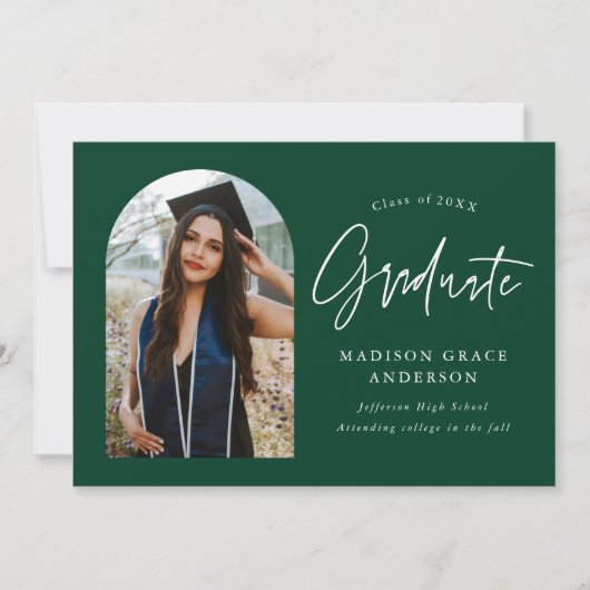Moderne Groene Boog Foto Afstuderen Aankondiging (Voorkant)