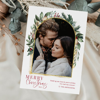 Moderne groene boog met goud Kerstmis 1 foto Feestdagenkaart