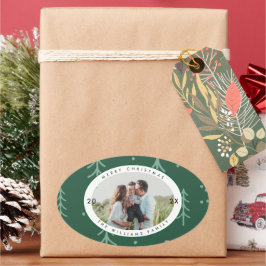 Moderne groene boom familie foto vakantie ovale sticker