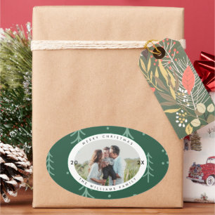 Moderne groene boom familie foto vakantie ovale sticker