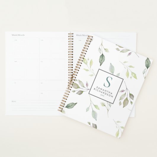 Moderne groene botanische bladeren Waterverf monog Planner (Display)