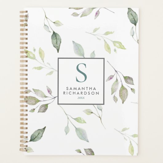 Moderne groene botanische bladeren Waterverf monog Planner (Voorkant)