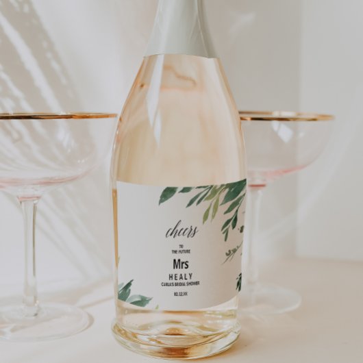 Moderne groene botanische gebladerte bruidsdouche sparkling wijnetiket