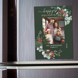 Moderne groene botanische kerstfoto-magneetkaart