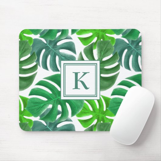 Moderne Groene Botanische Palmbladeren Monogram Muismat (Met muis)