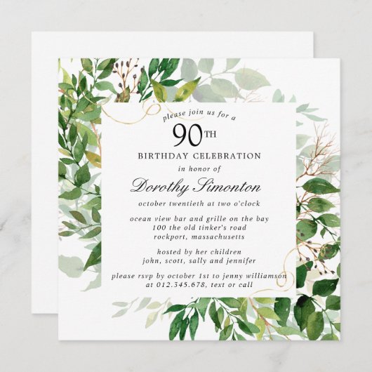 Moderne groene botanische uitnodiging voor 90e ver (Voorkant / Achterkant)