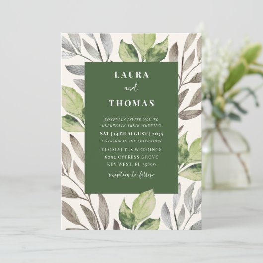 Moderne Groene Botanische Waterverf Bruiloft Kaart (Staand voorkant)