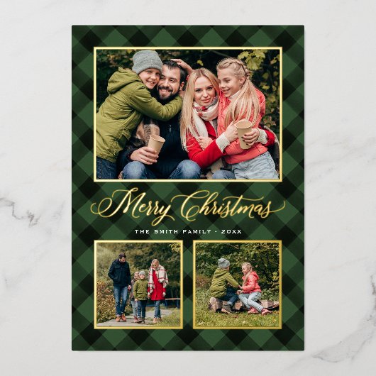 Moderne groene buffelfoto met kerstfoto-inklage folie feestdagenkaart (Voorkant)