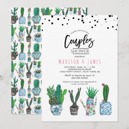 Moderne Groene Cactus & Stippen | Koppel Bruispart Kaart (Voorkant / Achterkant)