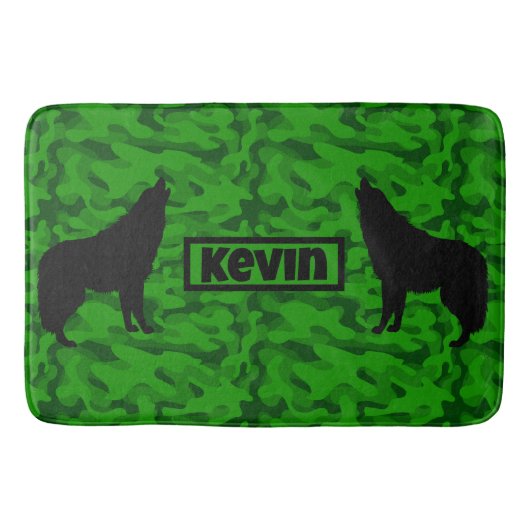 Moderne Groene Camo Zwart Wolf Silhouet Monogram | Badmat (Voorkant)