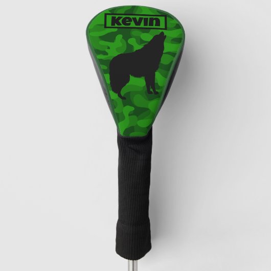 Moderne Groene Camo Zwart Wolf Silhouet Monogram | Golfheadcover (Voorkant)
