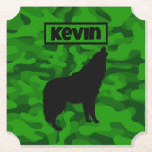 Moderne Groene Camo Zwart Wolf Silhouet Monogram | Kartonnen Onderzetters (Voorkant)