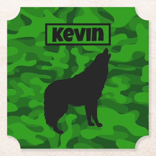 Moderne Groene Camo Zwart Wolf Silhouet Monogram | Kartonnen Onderzetters (Voorkant)