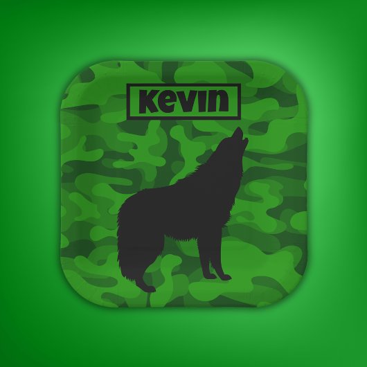 Moderne Groene Camo Zwart Wolf Silhouet Monogram | Papieren Bordje