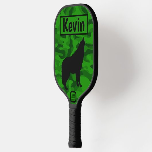 Moderne Groene Camo Zwart Wolf Silhouet Monogram | Pickleball Paddle (Links)