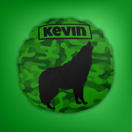 Moderne Groene Camo Zwart Wolf Silhouet Monogram | Rond Kussen