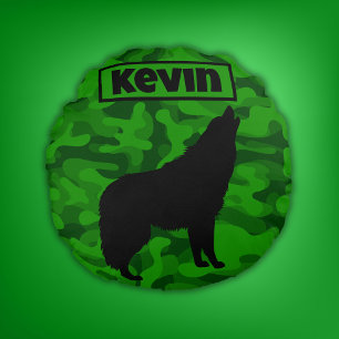 Moderne Groene Camo Zwart Wolf Silhouet Monogram   Rond Kussen