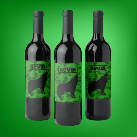 Moderne Groene Camo Zwart Wolf Silhouet Monogram | Wijn Etiket