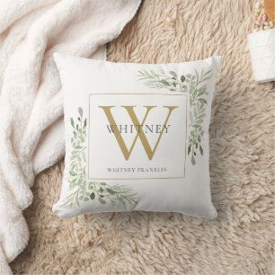 Moderne groene chic gouden monogram kussen